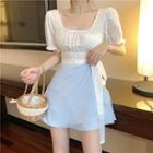 Puff-sleeve Ruffled Square Neck Blouse / Tie-waist Color Block Skirt