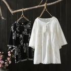 3/4-sleeve Eyelet Lace Loose-fit Top