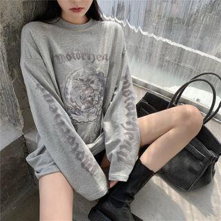 Long-sleeve Print Top Gray - One Size