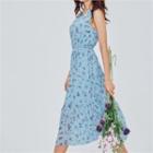 Key-hole Black Elastic-waist Floral-pattern Dress