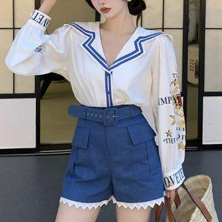 Lettering Blouse / Lace Trim Shorts / Belt / Set