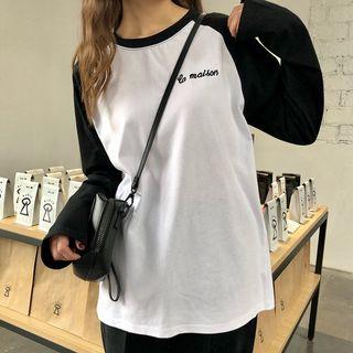 Long-sleeved Color-block Loose-fit Crewneck T-shirt