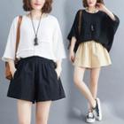 Set : Plain Round-neck Dolman Sleeve Top + Wide-leg Shorts