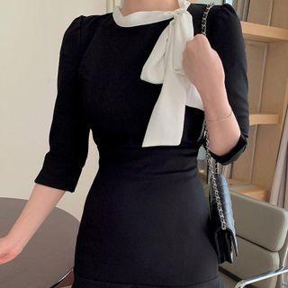 Elbow-sleeve Bow Accent Mini Sheath Dress