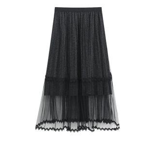 Glitter Lace Trim Midi A-line Skirt