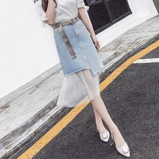Mesh Hem Midi Denim Skirt
