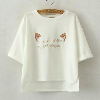 Cat Ear Embroidered Dip-back Short-sleeve T-shirt