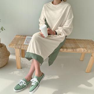 Two-tone Midi Sweatshirt Dress Khaki - One Size
