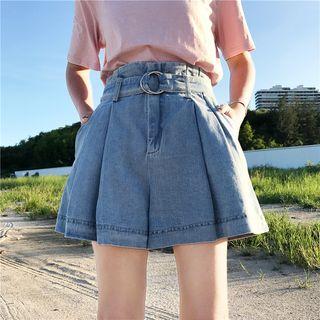 Tie-waist Wide-leg A-line Sheath Denim Washed Shorts