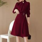 Belted 3/4-sleeve Shirred A-line Dress