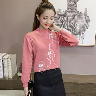 Embroidered Mock Neck Sweater Red - One Size