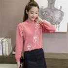 Embroidered Mock Neck Sweater Red - One Size