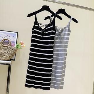 Sleeveless Lace-up Striped Mini Bodycon Knit Dress