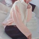 Turtleneck Cable Knit Sweater White & Pink - One Size