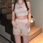 Set: Lettering Crop Tank Top + High-waist Straight Leg Shorts