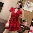Short-sleeve Wrap Mini A-line Layered Dress