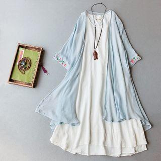 Flower Embroidered Elbow-sleeve Open-front Jacket / A-line Tank Dress
