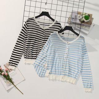 Long-sleeve Striped Buttoned Knit Top