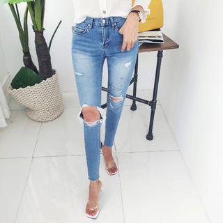 Cut-out Trim Washed Skinny Jeans