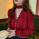 Long-sleeve Contrast Trim Buttoned Knit Top Red - One Size