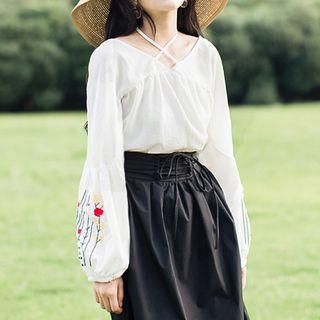 Cross Front Floral Embroidered Long-sleeve Blouse