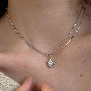 Layered Rhinestone Heart Pendant Necklace Necklace - Love Heart - Silver - One Size