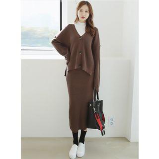 Set: V-neck Rib-knit Cardigan + Long Pencil Skirt