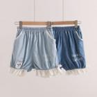 Cat Embroidered Ruffle Hem Denim Shorts