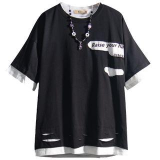 Mock Two-piece Distressed Lettering T-shirt