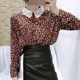 Lace Collar Leopard Pattern Blouse