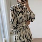 Mock-turtleneck Long-sleeve Patterned Midi A-line Dress