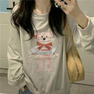 Long-sleeve Bear Print T-shirt Gray - One Size