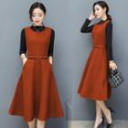 Set Of Two: Long-sleeved Crewneck Plain Top + Woolen A-line Long Sheath Dress