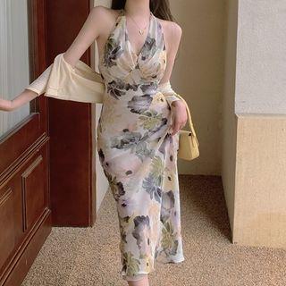 Halter Neck Floral Print Midi A-line Dress / Jacket