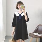 3/4-sleeve Loose-fit V-neck Ruffle Color-block A-line Dress