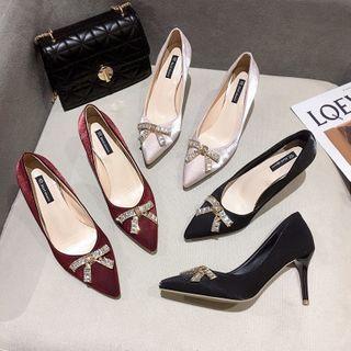Rhinestone Bow Pointed High Heel Pumps