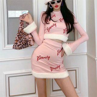 Set: Long-sleeve Lettering Embroidered Fluffy Trim Crop Top + Mini Fitted Skirt