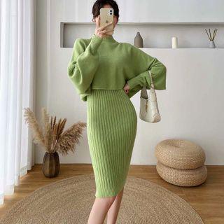 Set: Mock-neck Cropped Sweater + Ribbed Knit Tank Dress