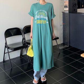 Elbow-sleeve Print Midi A-line T-shirt Dress Grayish Green - One Size