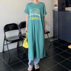 Elbow-sleeve Print Midi A-line T-shirt Dress Grayish Green - One Size