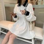 Long-sleeve Color-block A-line Mini Dress White - One Size