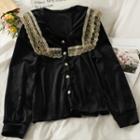 Lace-trim Loose Velvet Shirt Black - One Size