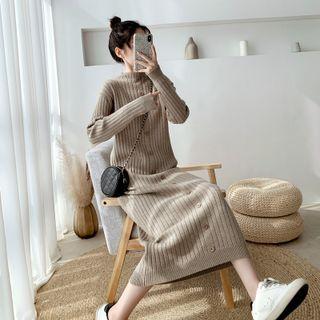 Long Sleeve Button Detail Plain Knit Dress