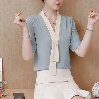 Contrast Trim Short-sleeve V-neck Chiffon Blouse