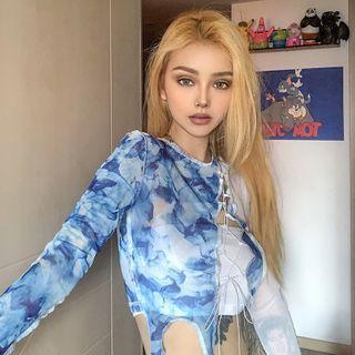 Long-sleeve Tie-dyed Chained Cropped T-shirt