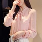 Tie-neck Gather Cuff Chiffon Blouse