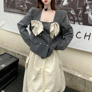 Padded-shoulder Square-neck Bow Accent Blazer / Bow-accent Ruched Maxi Balloon Skirt