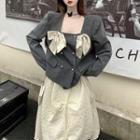 Padded-shoulder Square-neck Bow Accent Blazer / Bow-accent Ruched Maxi Balloon Skirt
