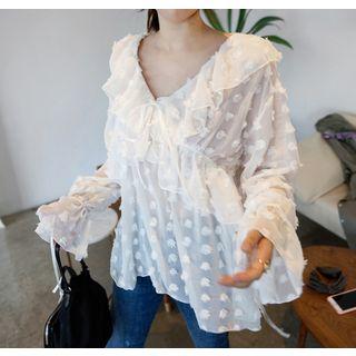 V-neck Long-sleeve Tie-detail Appliqu  Sheer Top