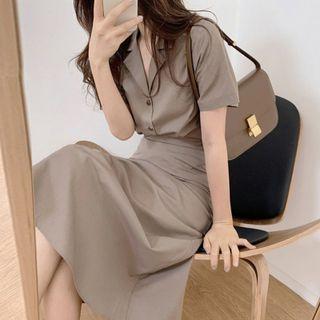 Set: Elbow-sleeve Notch Lapel Blouse + Midi A-line Skirt
